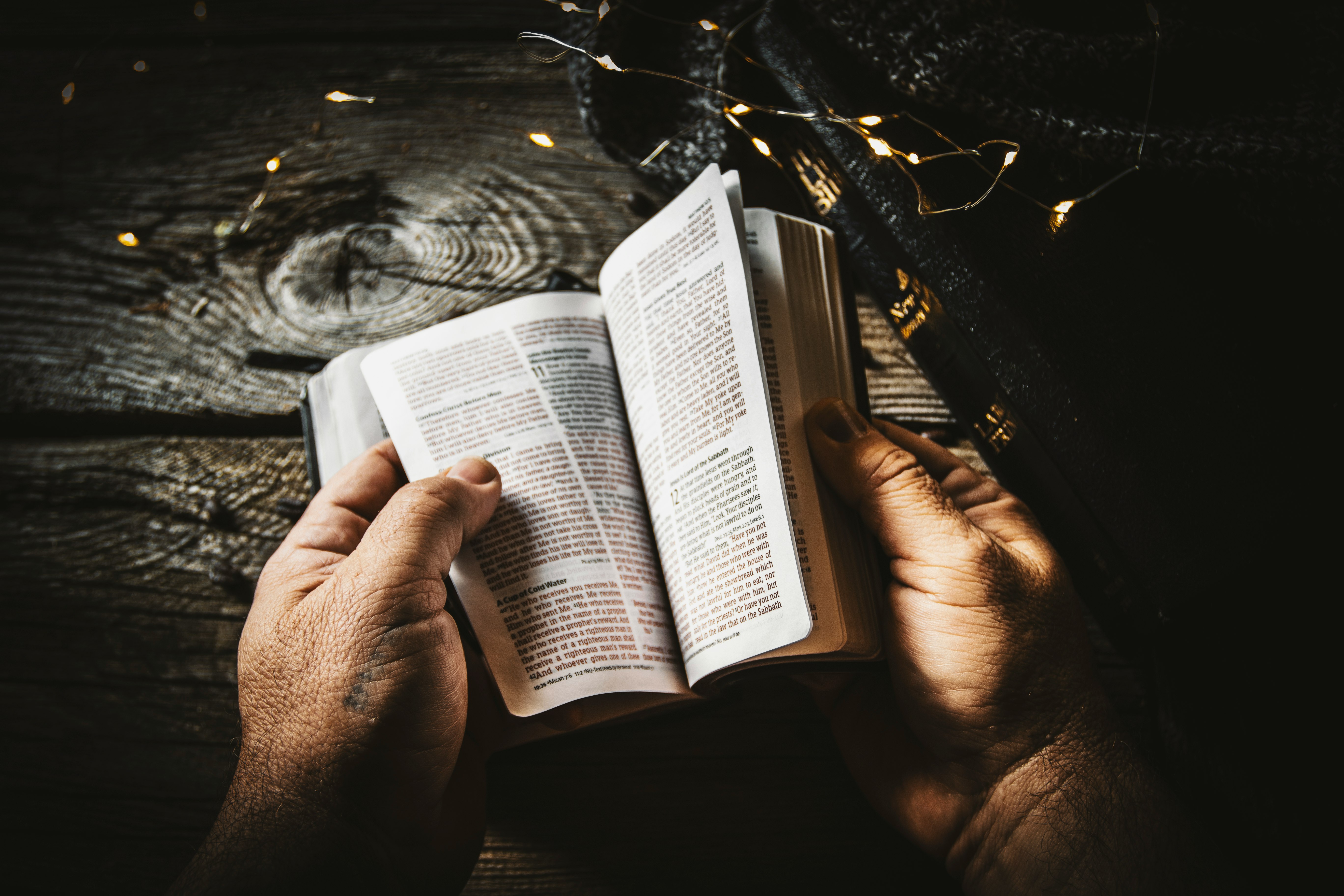 person reading book on black and white textile